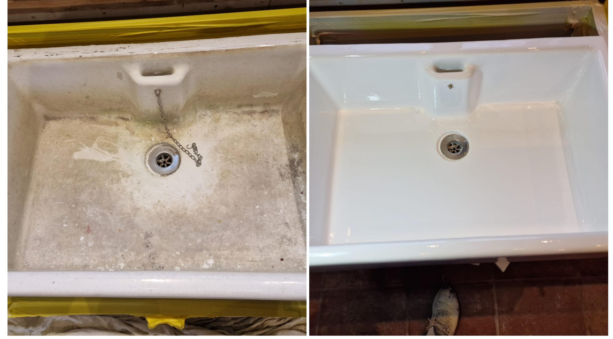 BELFAST KITCHEN SINK RESTORED IN Abbeymead, Gloucester BEFORE AND AFTER PHOTOS OF A KITCHEN CERAMIC BELFAST SINK, WAS DAMAGED AND FULL OF CHIPS, FULLY RESORED TO A LIKE NEW FINISH IN Swindon
