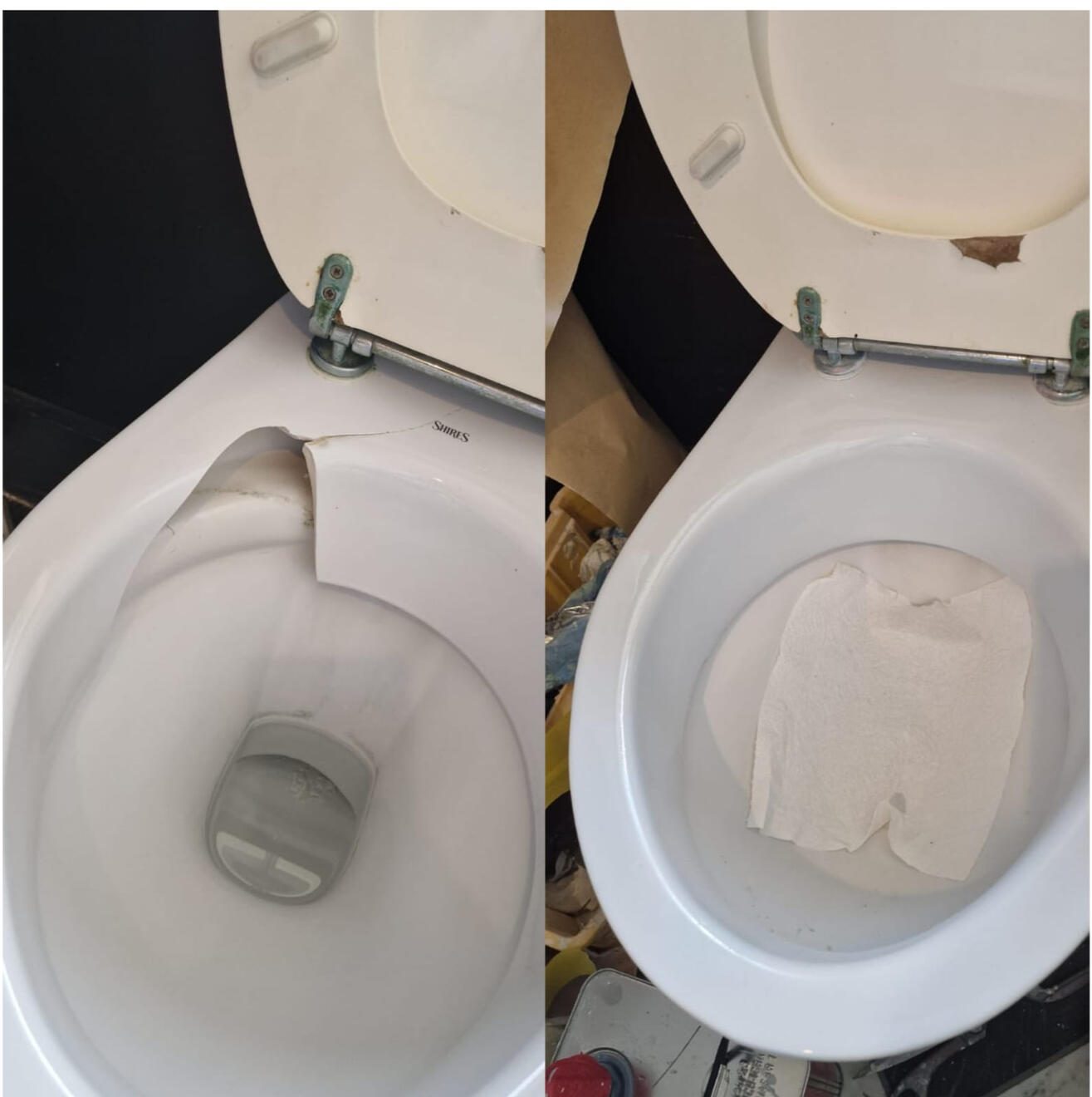 before and after pictures of a ceramic toilet crack repair in a pub in the center of Gloucester