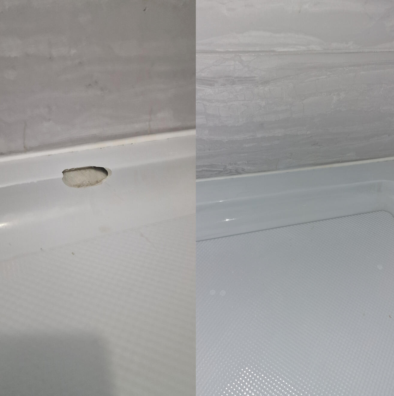 Before and after pictures of a shower Tray repair in Linden, Gloucester