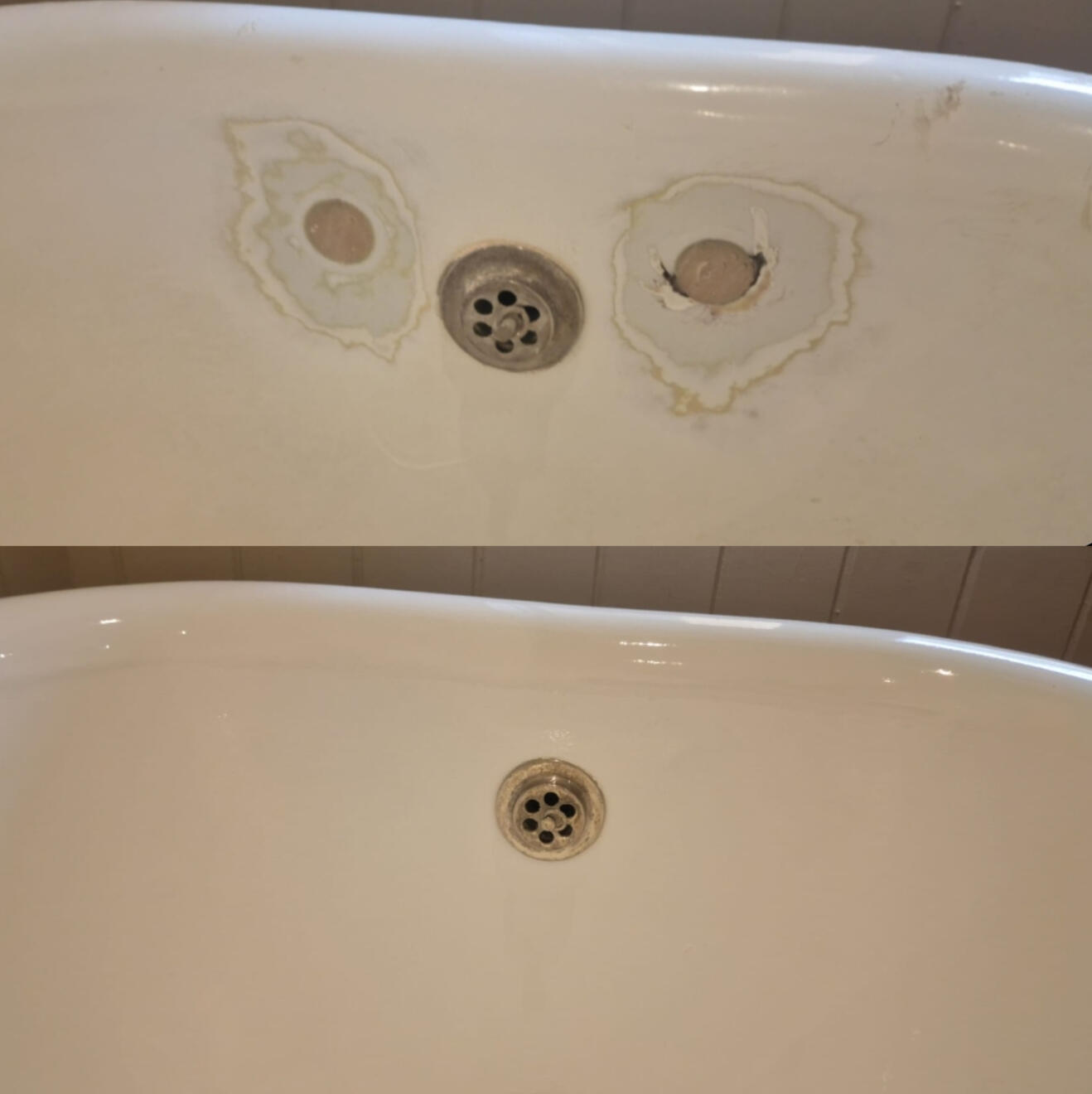 Before and after cast iron bath tap holes filled and repaired Quedgeley, Gloucester
