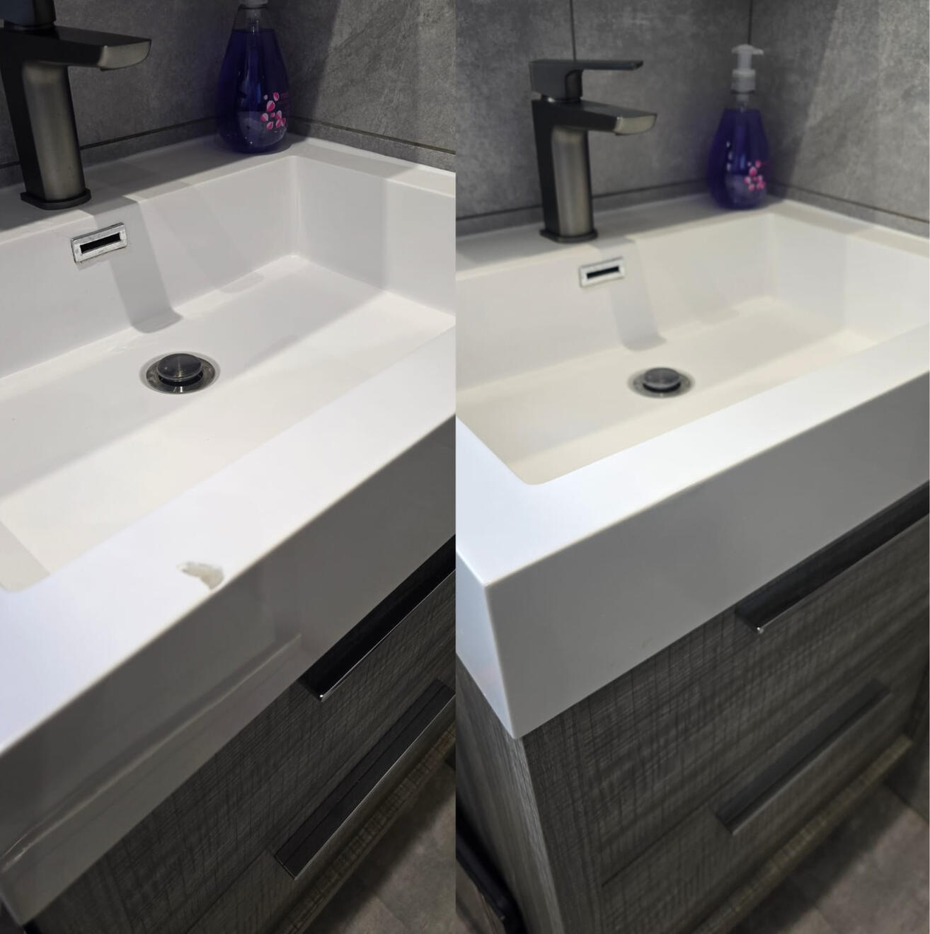 BEFORE AND AFTER PICTURES OF A COMPOSITE BATHROOM BASIN CHIP REPAIR Before and after composite bathroom basin chip repair in a Gloucester Airbnb property