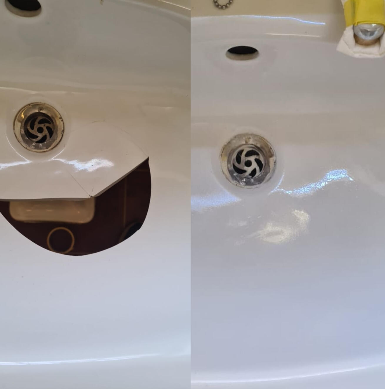 before and after pictures of a ceramic sink crack repair Before and after ceramic sink crack repair in Longlevens, Gloucester
