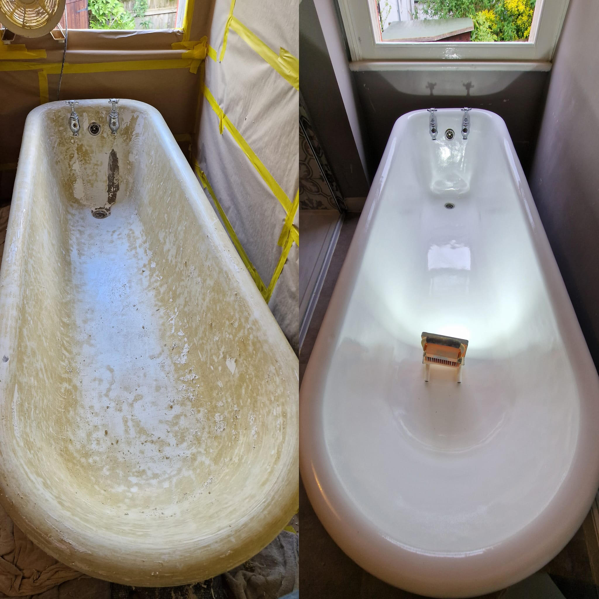 PICTURE OF A BEFORE AND AFTER OF A ROLL TOP CAST IRON BATH Before and after roll top cast iron bath re-enamelling in Gloucester
